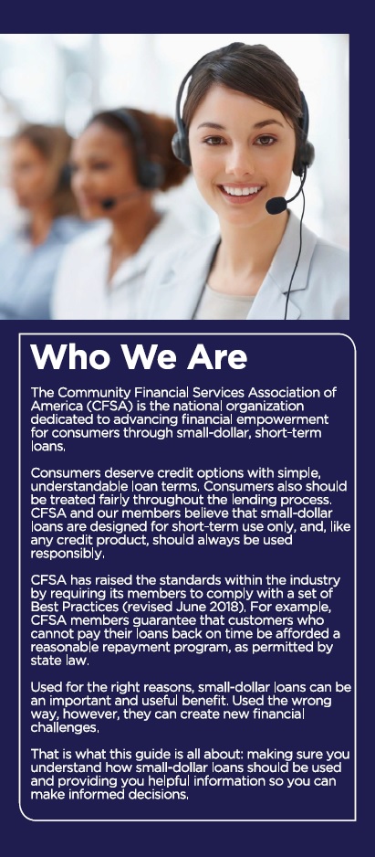 USA Cash Services and CFSA information on responsible lending. Details our mission to empower consumers with short-term loans and ethical practices. Find out more at usacashservices.com.