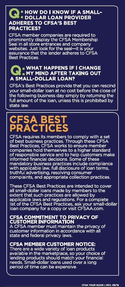 Ensure you're borrowing responsibly with USA Cash Services. Learn about CFSA Best Practices for small-dollar loans and your rights as a borrower. Visit usacashservices.com to learn more.