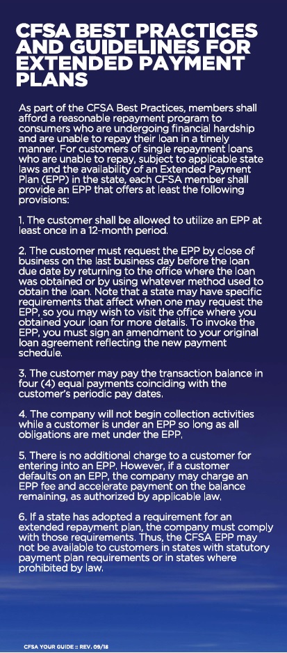 CFSA Best Practices and Guidelines for Extended Payment Plans, provided by USA Cash Services. Details repayment options for customers facing financial hardship on single repayment loans. Find out more at usacashservices.com.