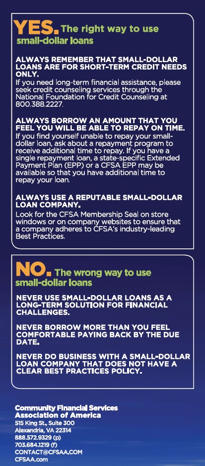 Infographic from USA Cash Services explaining the right and wrong ways to use small-dollar loans. Includes advice on short-term use, borrowing responsibly, repayment plans, and choosing reputable lenders with CFSA membership. Learn more at usacashservices.com.