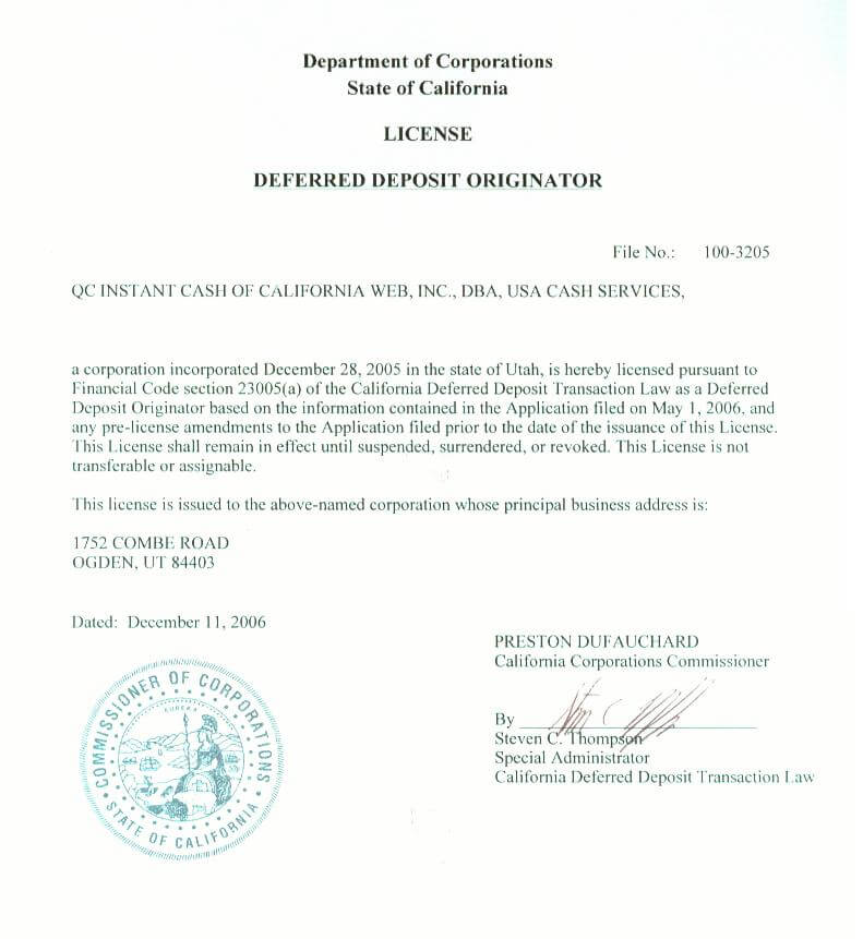 California License Deferred Deposit Originator