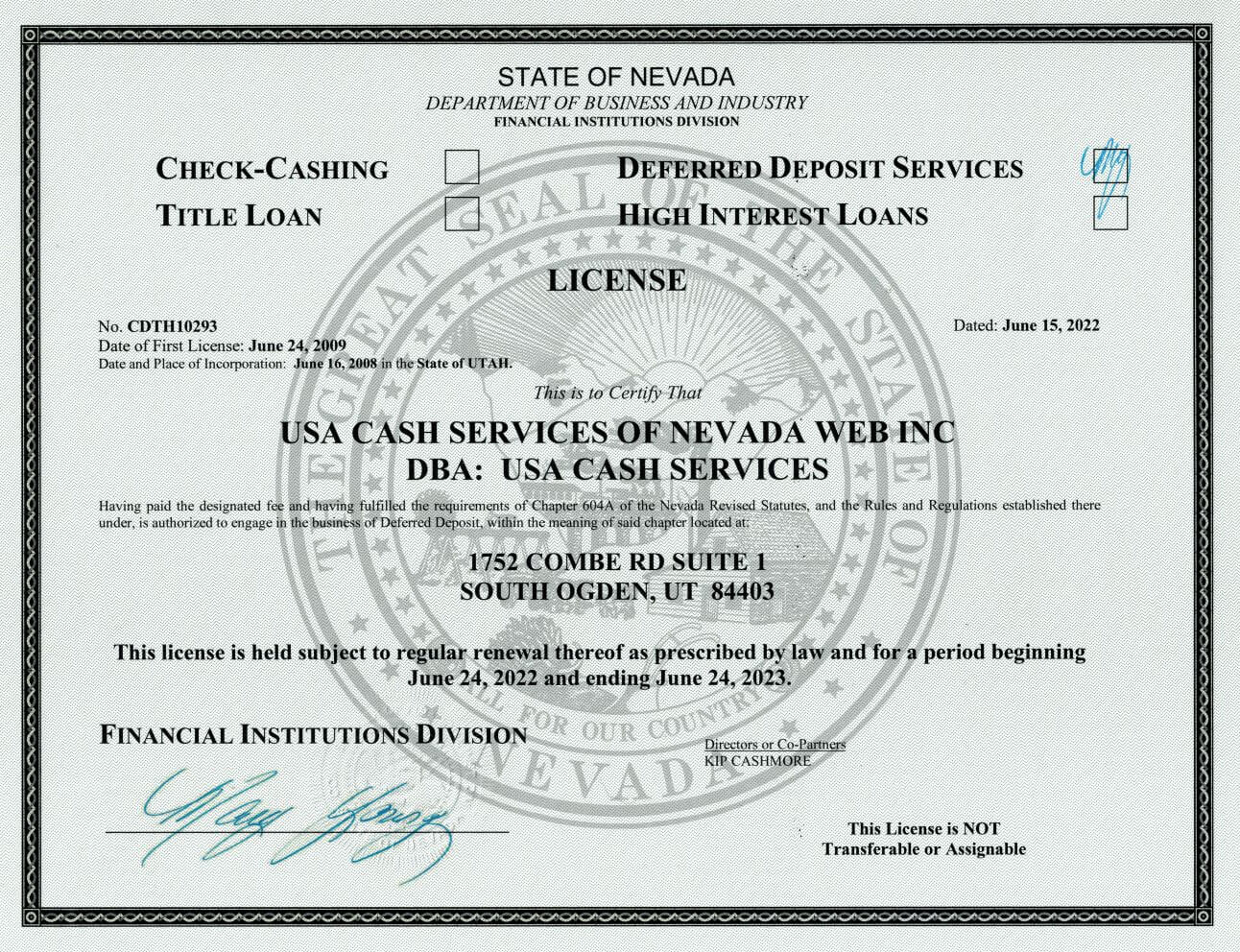 Nevada License Deferred Deposit Services