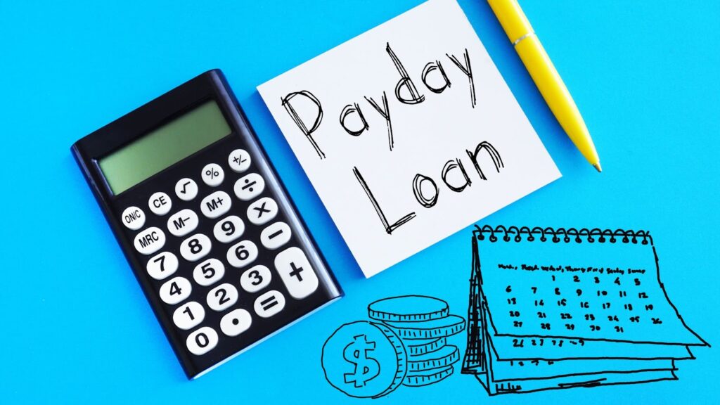 A payday loan calculator surrounded by payday loans, budget, and budgeting tools.