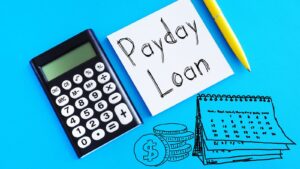 A payday loan calculator surrounded by payday loans, budget, and budgeting tools.