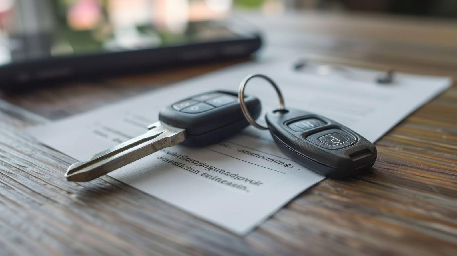 Car keys resting on a piece of paper atop a table, with another key visible beside them