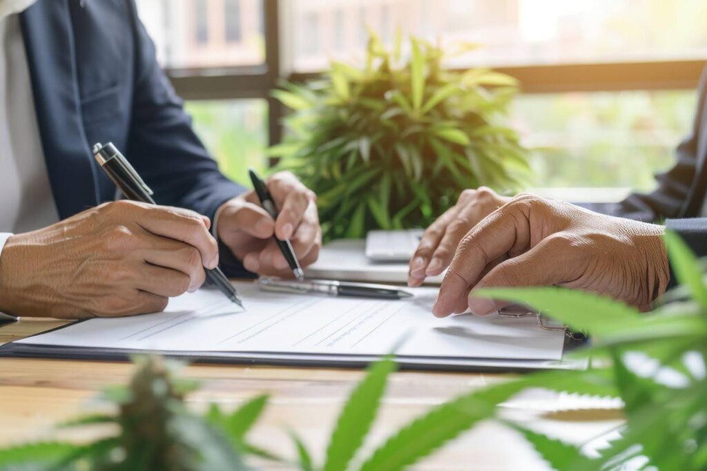 Two businesspeople signing papers amid marijuana plants, representing a cannabis partnership