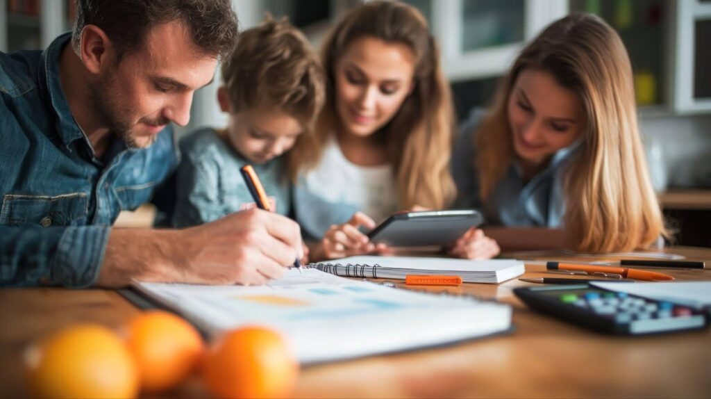 A family collaborates on a budget, discussing finances and planning their expenses together at a table