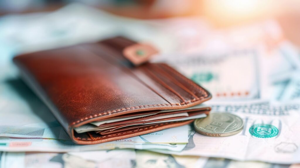 A brown leather wallet filled with banknotes resting on various international currencies and coins.