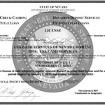 USA Cash Services official State of Nevada license for check-cashing, deferred deposit, title loans, and high-interest loans.