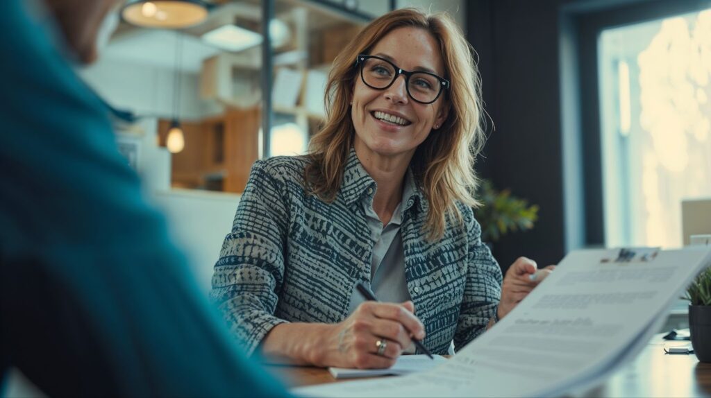 A smiling businesswoman wearing glasses discusses documents with a client in a modern office setting.