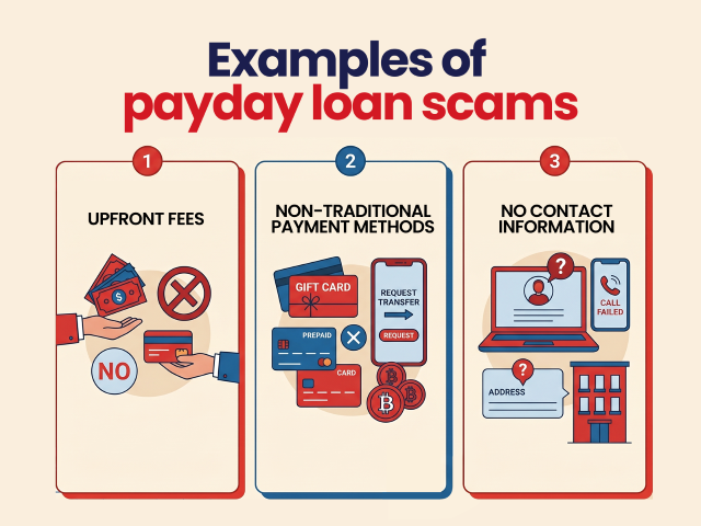 Infographic titled Examples of payday loan scams highlighting red flags like upfront fees, non-traditional payment methods, and a lack of contact information.