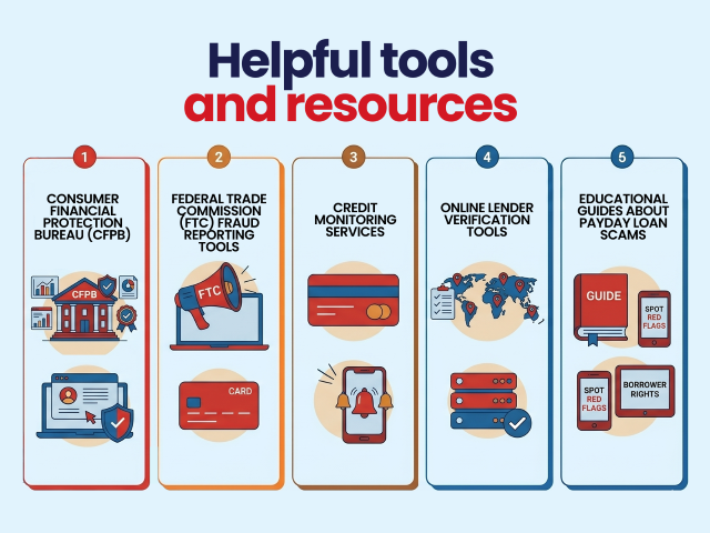 Infographic titled Helpful tools and resources listing five consumer protection options, including the CFPB, FTC fraud reporting, and credit monitoring.