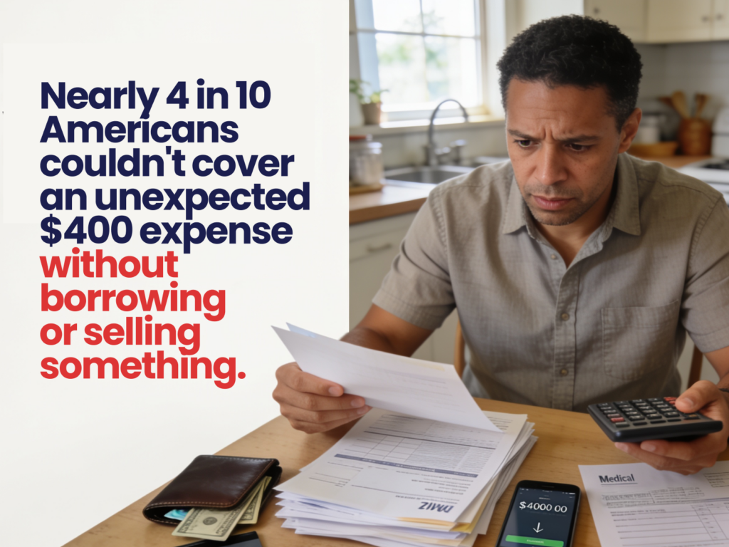 A concerned man reviewing bills with a calculator alongside text stating nearly 4 in 10 Americans cannot cover an unexpected $400 expense.