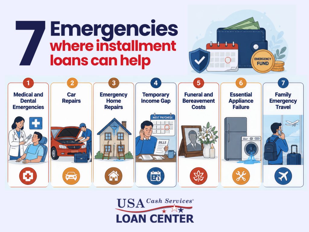 An infographic listing seven emergencies where installment loans can help, including medical care, car repairs, home repairs, and emergency travel.