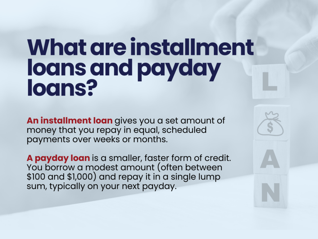 Infographic illustrating instalment loans versus payday loans detailing interest rates and schedules