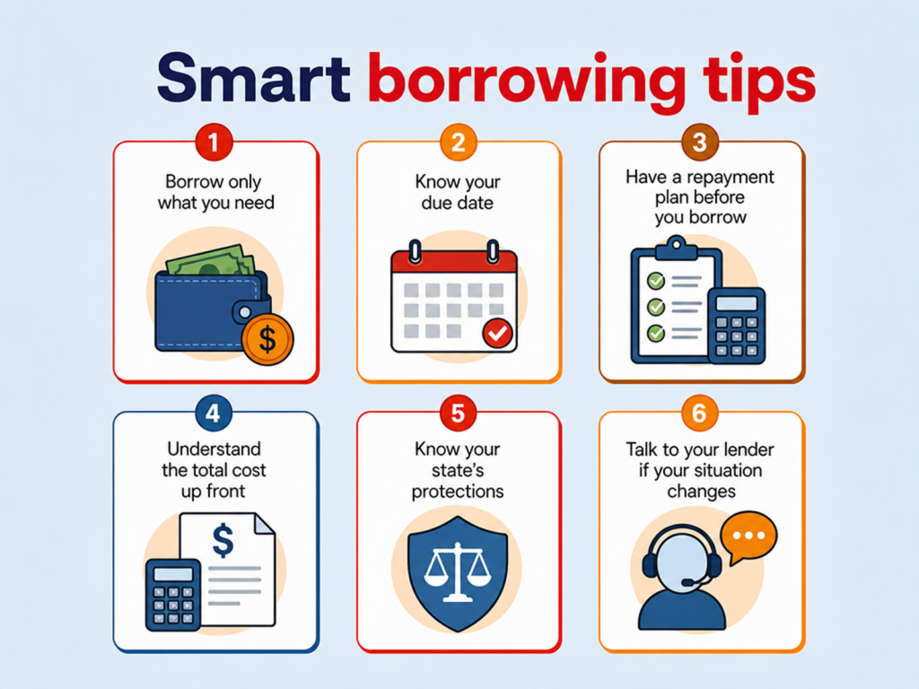 Poster displaying the phrase Smart Borrowing Tips in bold letters against a colorful background
