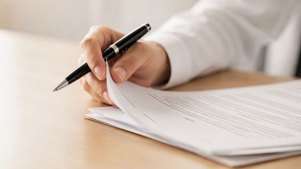 Close-up of a hand holding a black pen while turning the page of a stack of printed paper documents on a desk.
